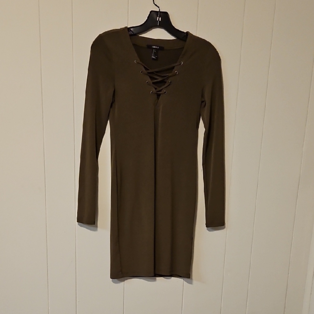 Forever 21 Olive Lace-Up Long Sleeve Dress